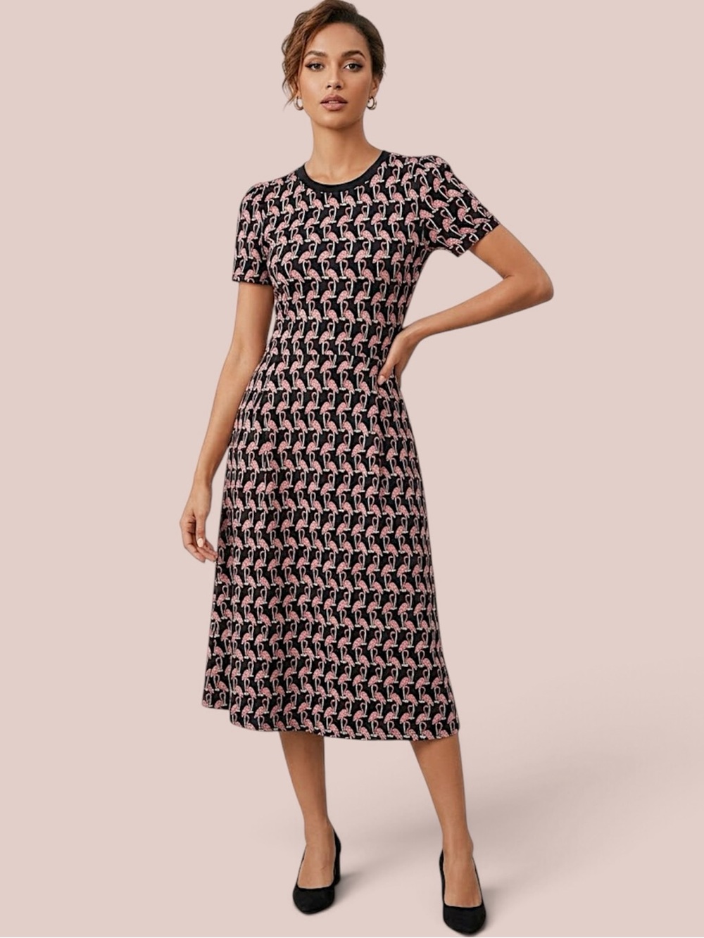 BODEN Lucinda Jersey Midi Dress Black Pink Tropical Flamingo Print Size 8P